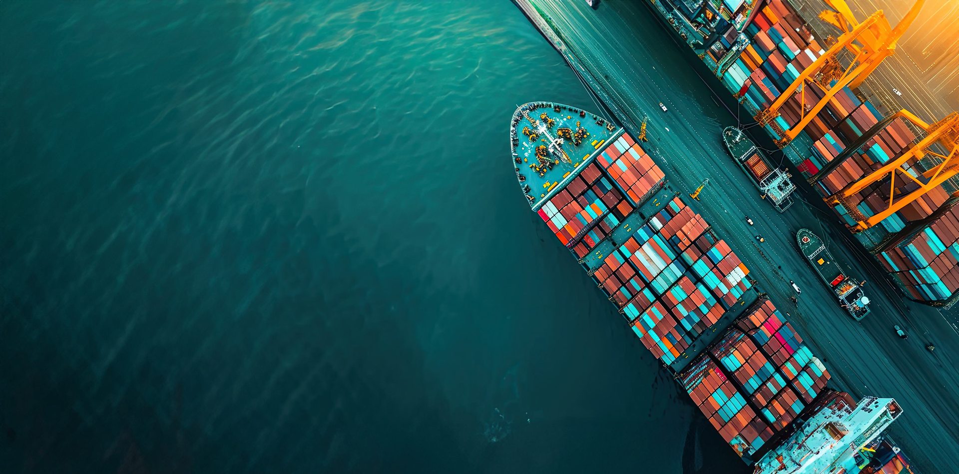 Aerial view of a container ship being loaded at port with stacks of colourful shipping containers and yellow gantry cranes