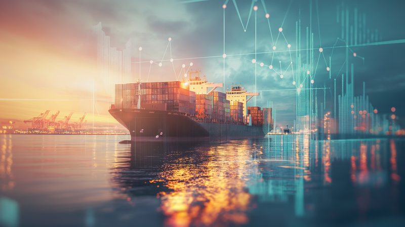 Container ship at golden-hour sunset overlaid with translucent financial data graphics